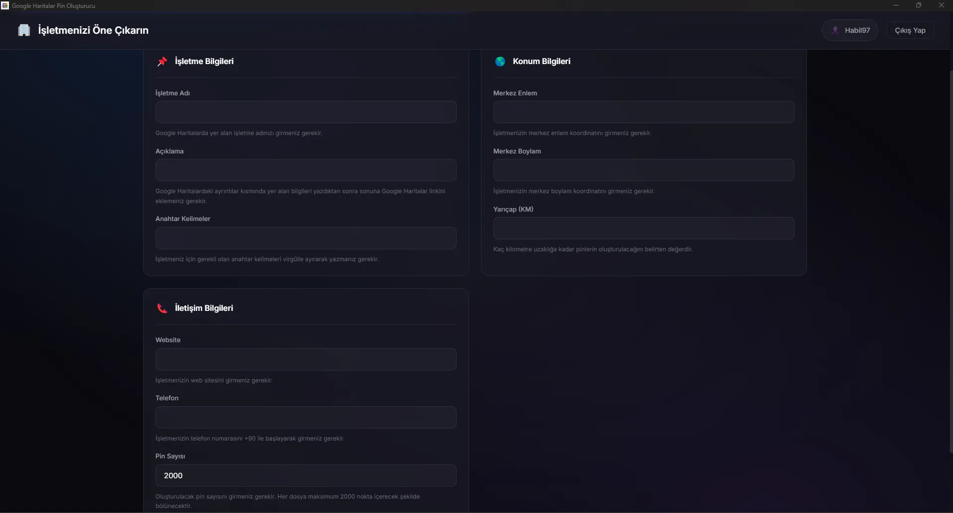 Google Maps Pin Oluşturucu Arayüzü